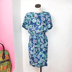 Vintage 80s/90s Talbots Blue Seashell Print Wrap Wiggle Dress